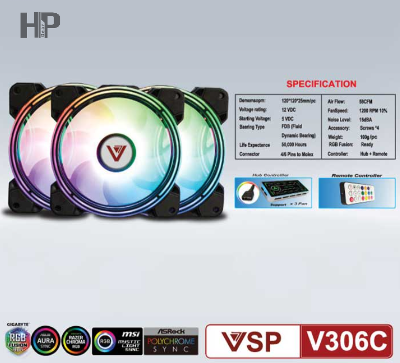 Fan Case VSP V306C ARGB 12cm Pack 3 Fan (Hub + Remote)
